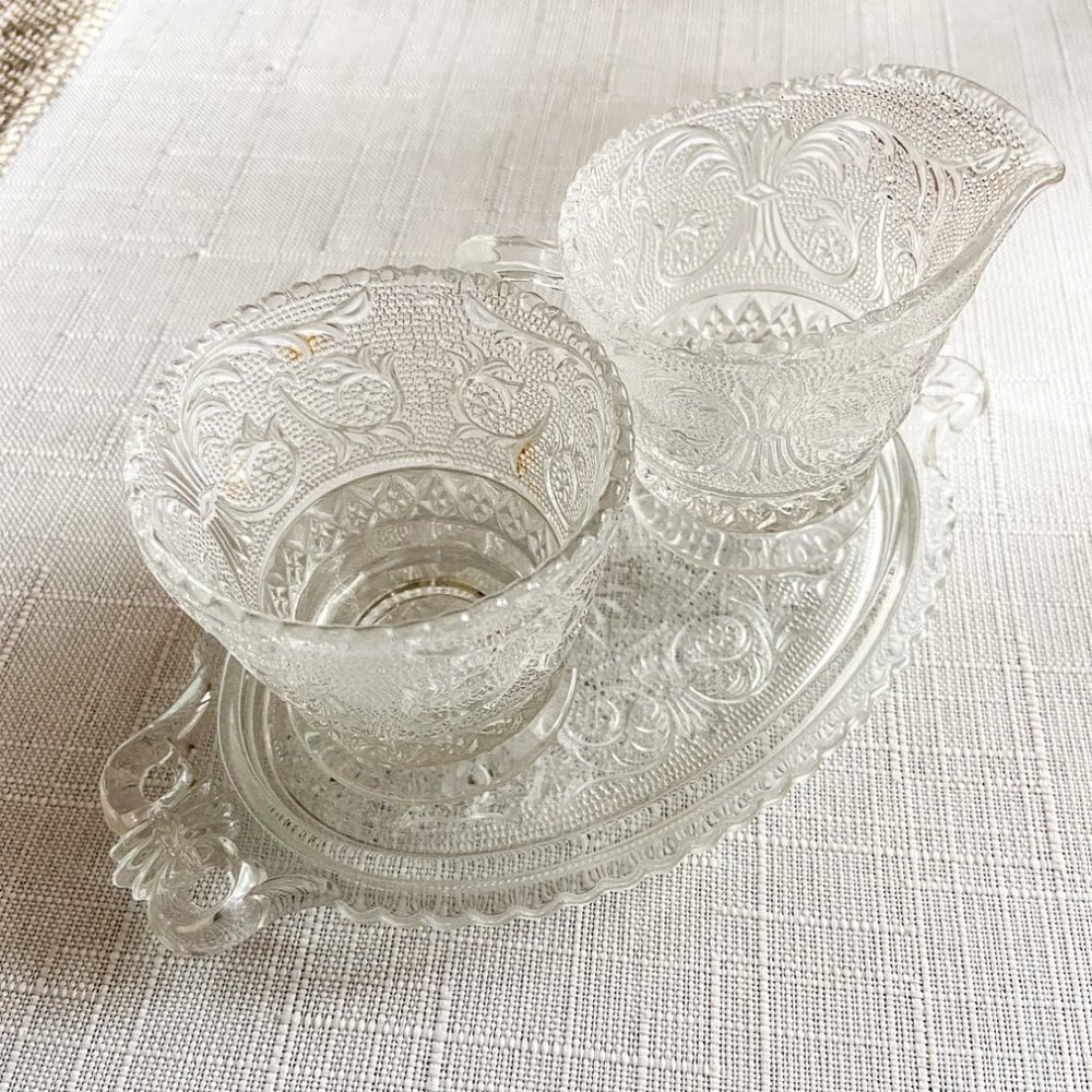 Vintage Duncan Miller Sandwich Glass Creamer & Sugar Bowl with Tray EUC